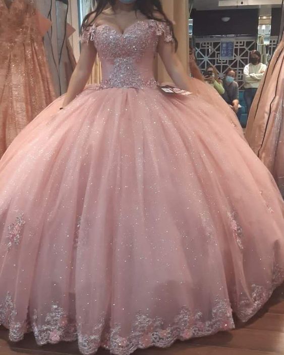 Off the shoulder pink ball gown gilter sweet 16 dress - VelvetHem
