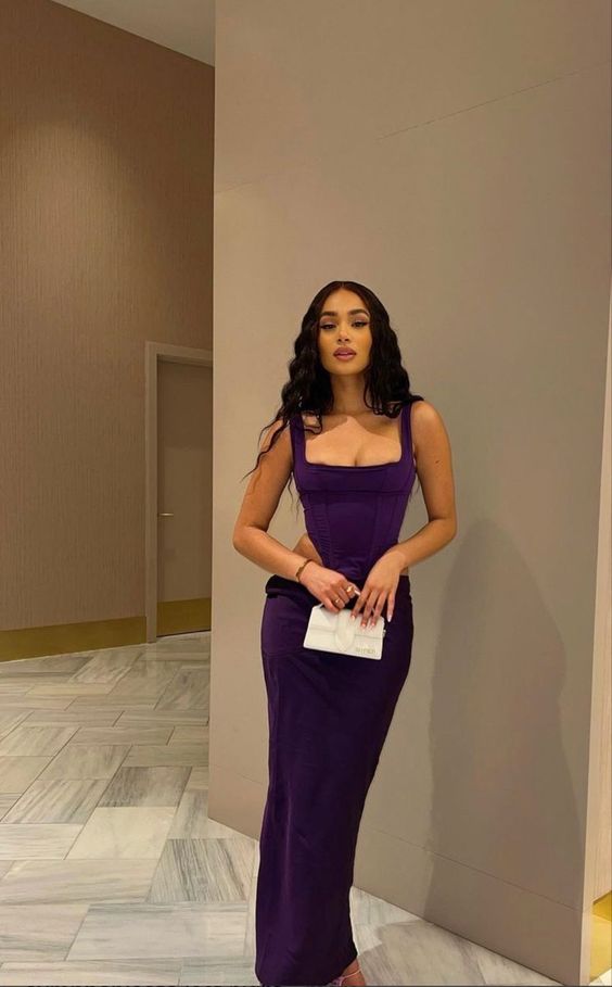 Dark Purple Floor Length Prom Dress Simple Straps Evening Dress - VelvetHem
