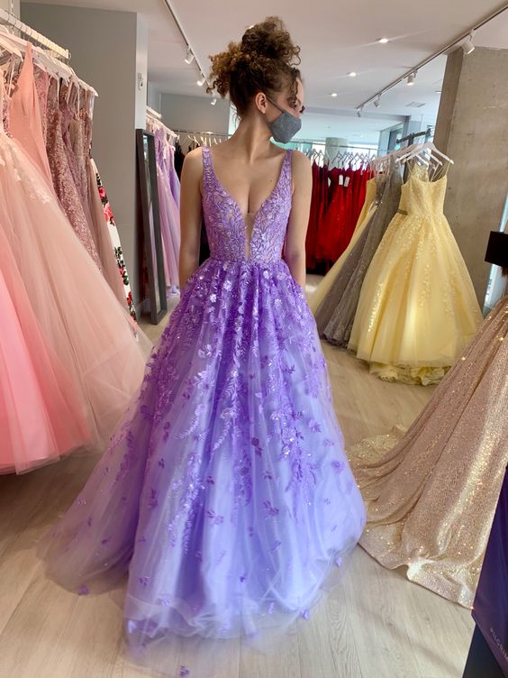 V Neck Purple Lace Prom Dresses, V Neck Purple Lace Formal Evening Dresses cc48 - VelvetHem