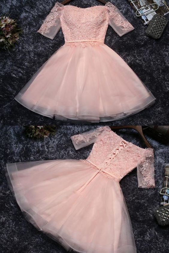 Cute Appliques Tulle Half Sleeves Short Prom Dress,Mini Off-shoulder Homecoming Dress - VelvetHem