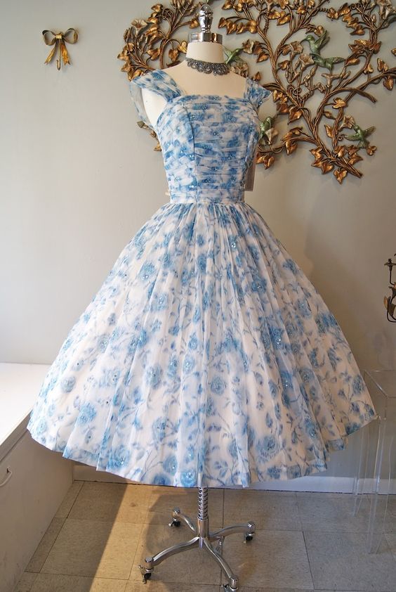 Vintage Sleeveless Party Dress Blue Floar Homecoming Dress - VelvetHem