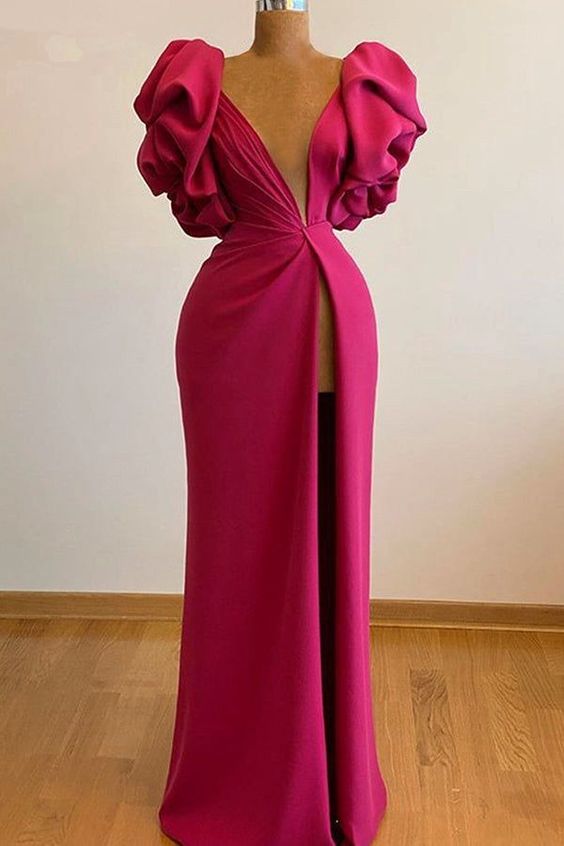 Sexy ruffle shoulder long slit gown evening dress - VelvetHem