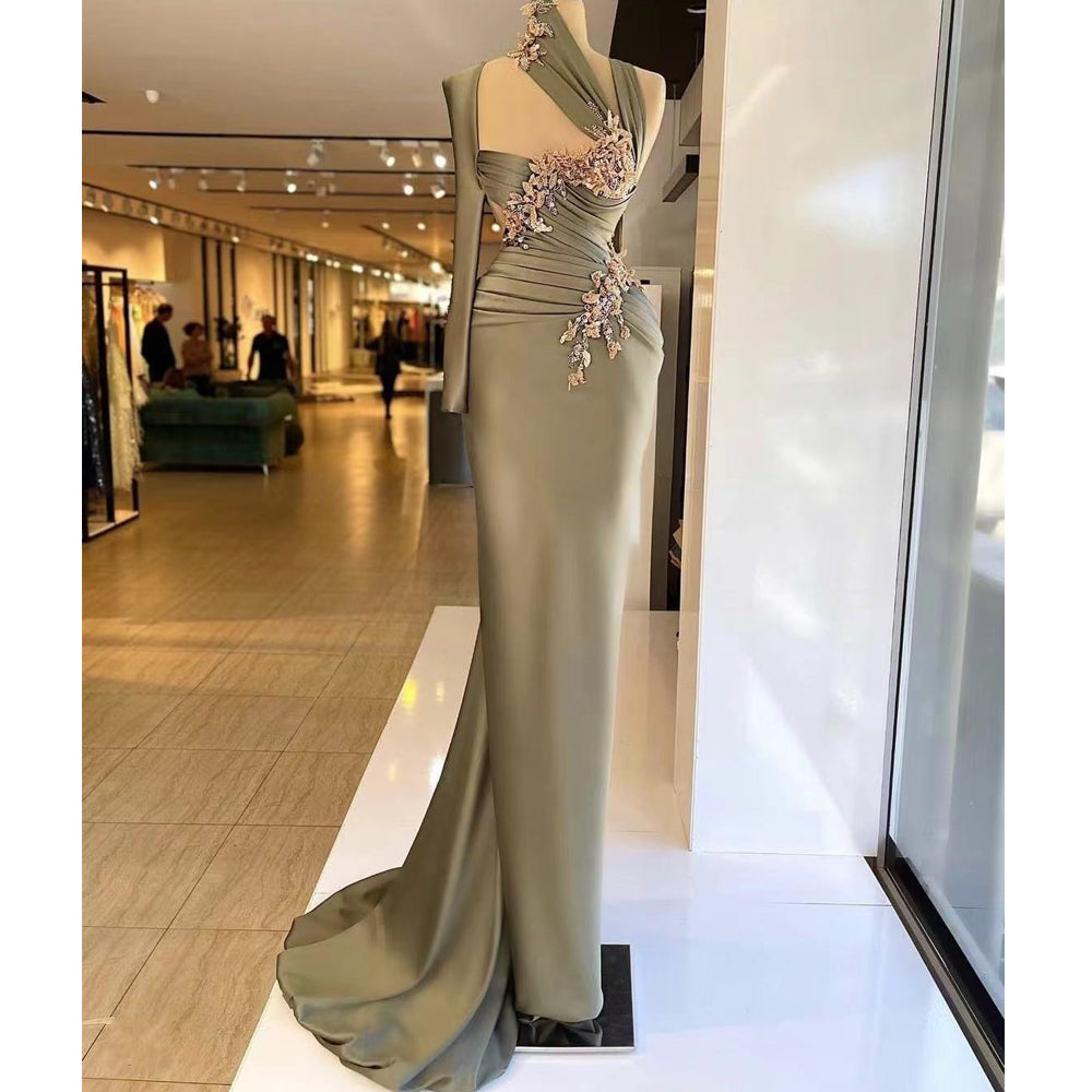 green prom dresses, pleats prom dresses, flowers prom dresses, pleats prom dresses, mermaid prom dresses, sexy prom dress, one shoulder prom dresses - VelvetHem