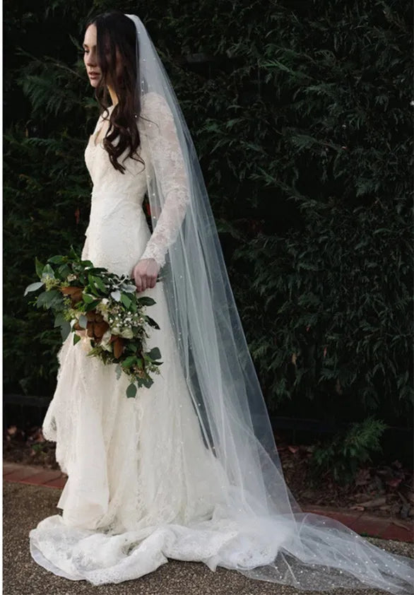 One Layer Wedding Veil Pearl Veil Cut Edge Bridal Veil in Light Ivory ,Champagne Light Ivory