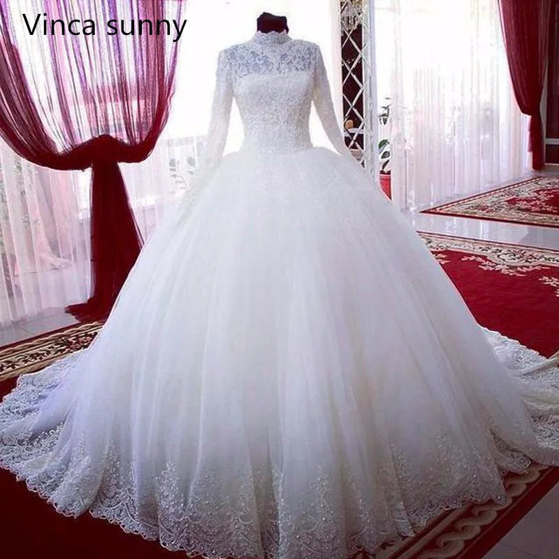 Customized Long Sleeve Muslim Dubai Arabic Lace Applique Wedding Dress Princess Pearl High Neckline Bridal dress Robe De Mariee Red 14 W