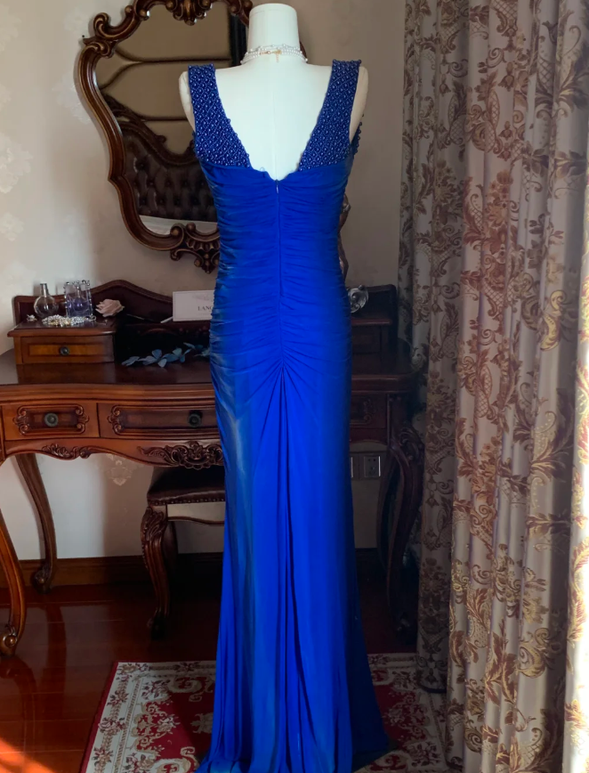 Sexy Royal Blue Tulle Pleated Beaded Mermaid Long Wedding Guest Dress Evening Dress - View 9 | VelvetHem