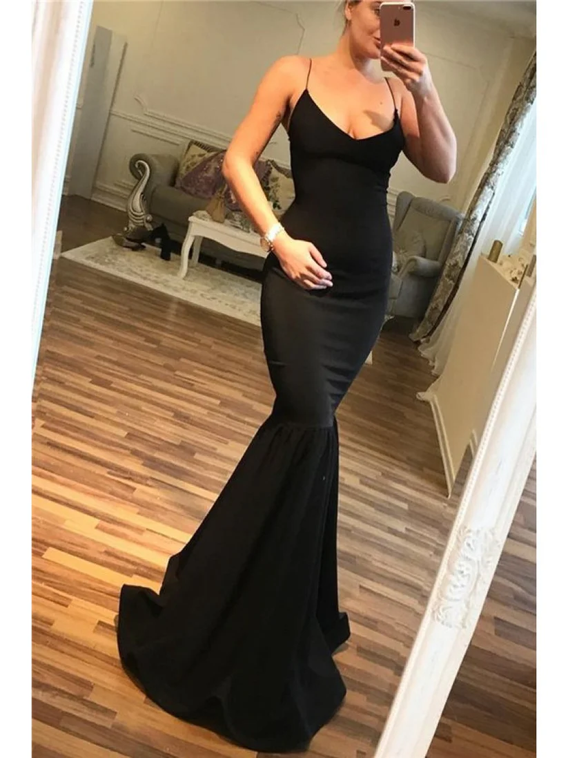 Black Spaghetti Straps Mermaid Prom Dress Formal Evening Dress - VelvetHem