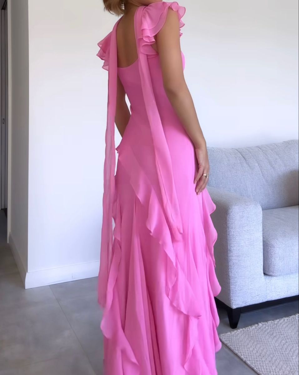 Beautiful Pink V Neck Chiffon Ruffle Mermaid Long Prom Dress Party Gown With Ribbon - View 2 | VelvetHem