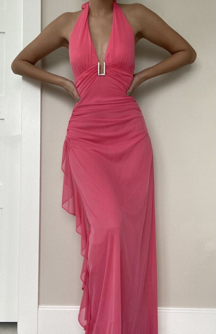 Sexy Halter Deep V Neck Chiffon Ruffles Prom Dress Pink Long Party Dress - VelvetHem