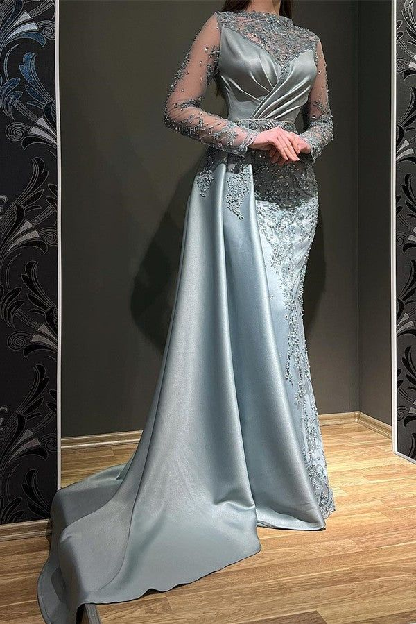 Elegant Long Mermaid Jewel Satin Appliques Lace Beading Prom Dress with Sleeves - VelvetHem