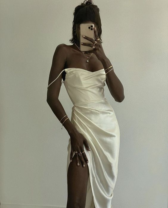 Sexy Ivory Long Prom Dress Satin Slit Evening Dress Party Dress - VelvetHem
