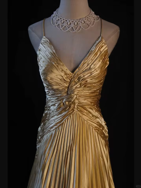 Gorgeous Gold Satin Pleated Party Prom Dress,Formal Evening Gown With Beaded