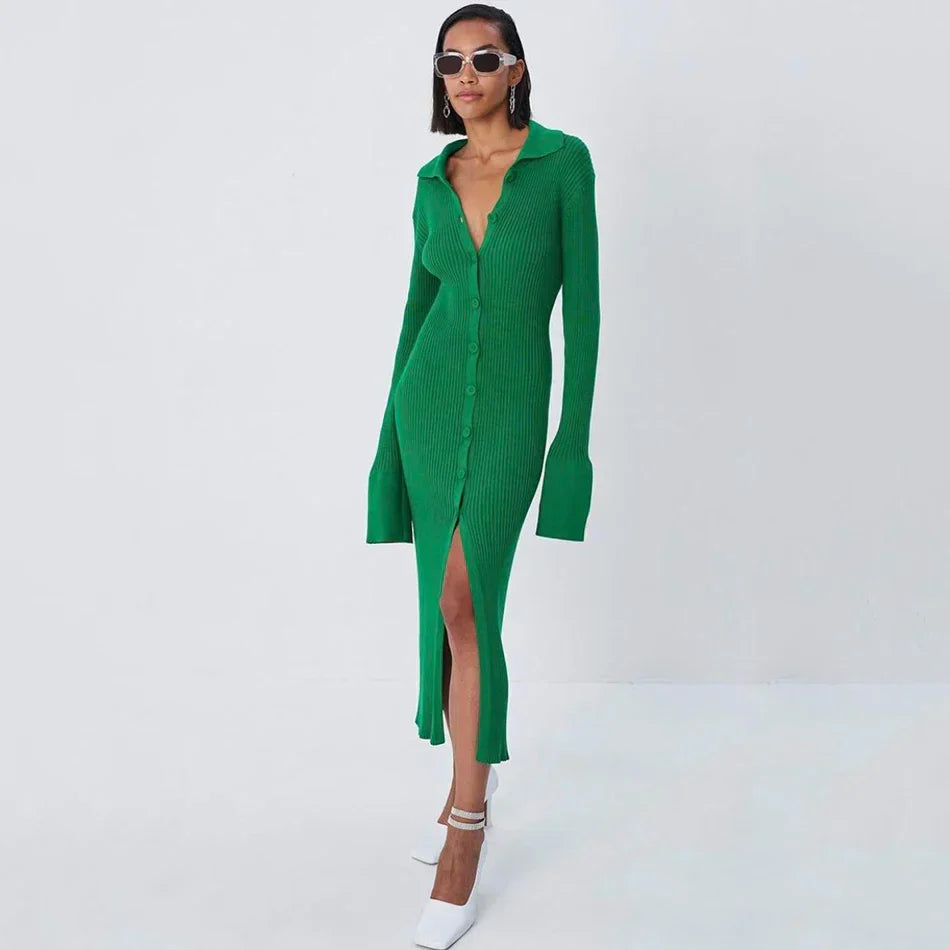 Autumn Bodycon Dress Sweater Knitted Green Women Sexy Midi Split V Neck Long Sleeve Casual Dresses Party Vestidos green