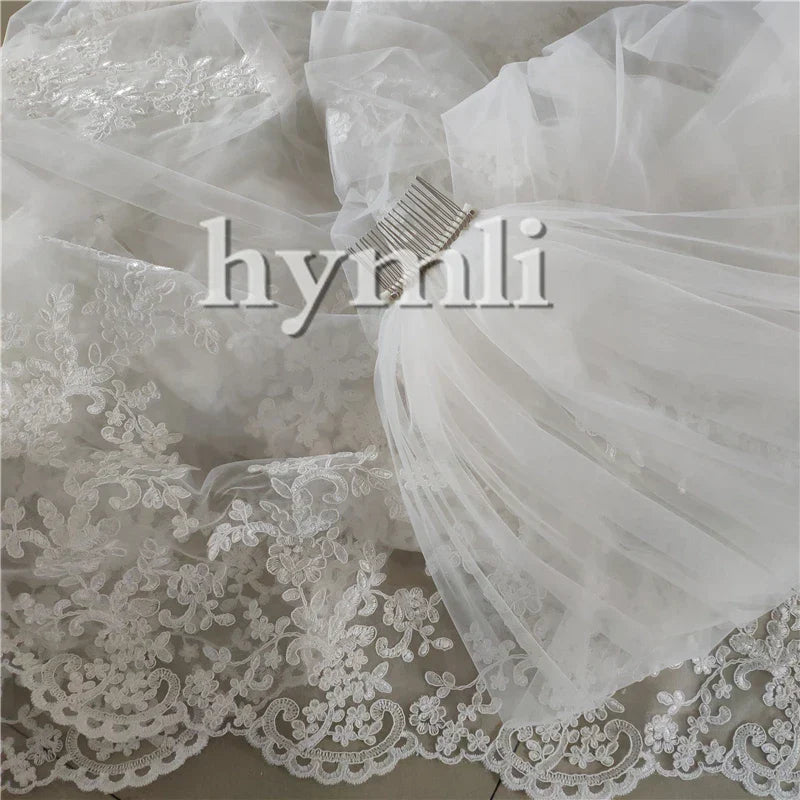 White / Ivory Lace Wedding Veil 2 Layer 5 Meters Long Bridal Veil Church Veil Blush Veil with Metal Comb - View 3 | VelvetHem