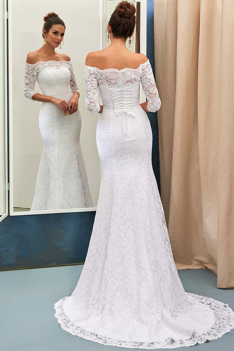 Half Sleeves Bride Dress Lace Simple Sweep Train Off-the-shoulder Lace-up Sheath Column Wedding Dress
