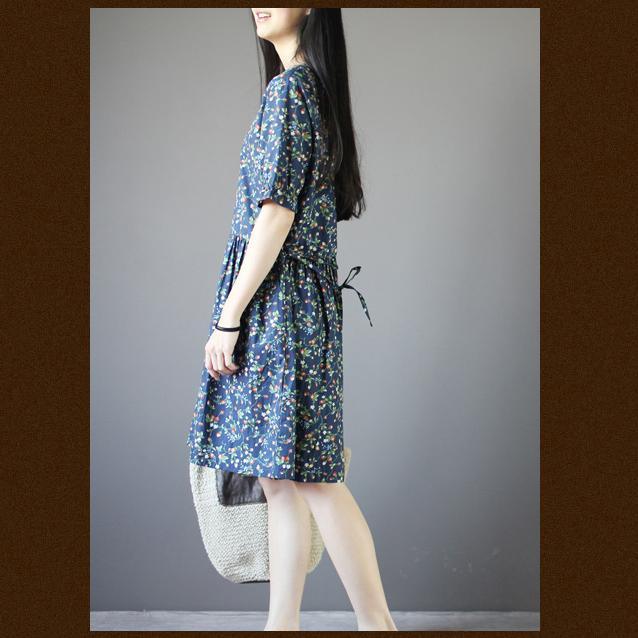 Half sleeve blue print cotton sundress