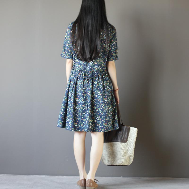 Half sleeve blue print cotton sundress