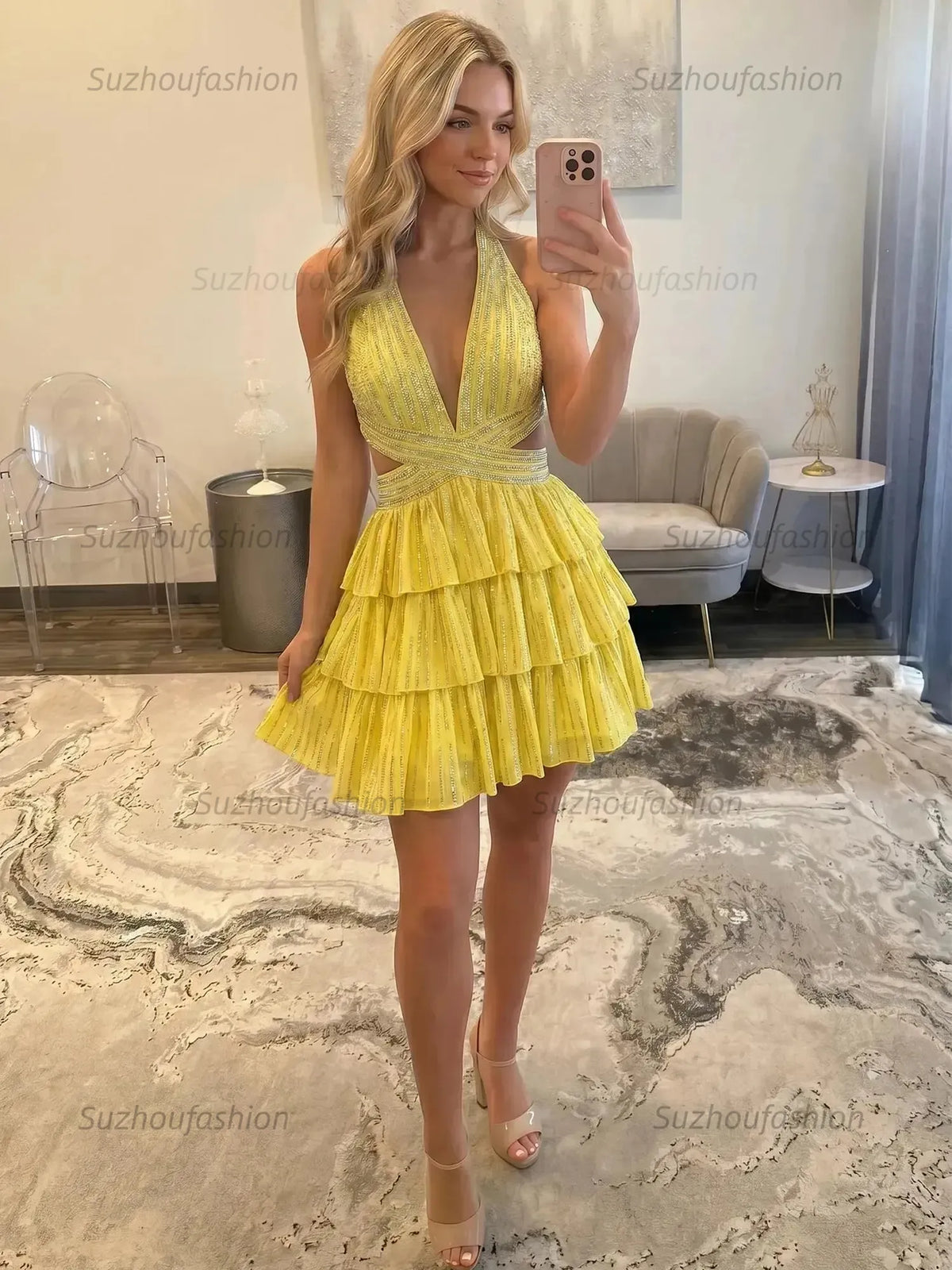 Suzhoufashion Halter Deep V-Neck Rhinestone Striped Tiered Ruffle Homecoming Dresses Mini Cocktail Dress