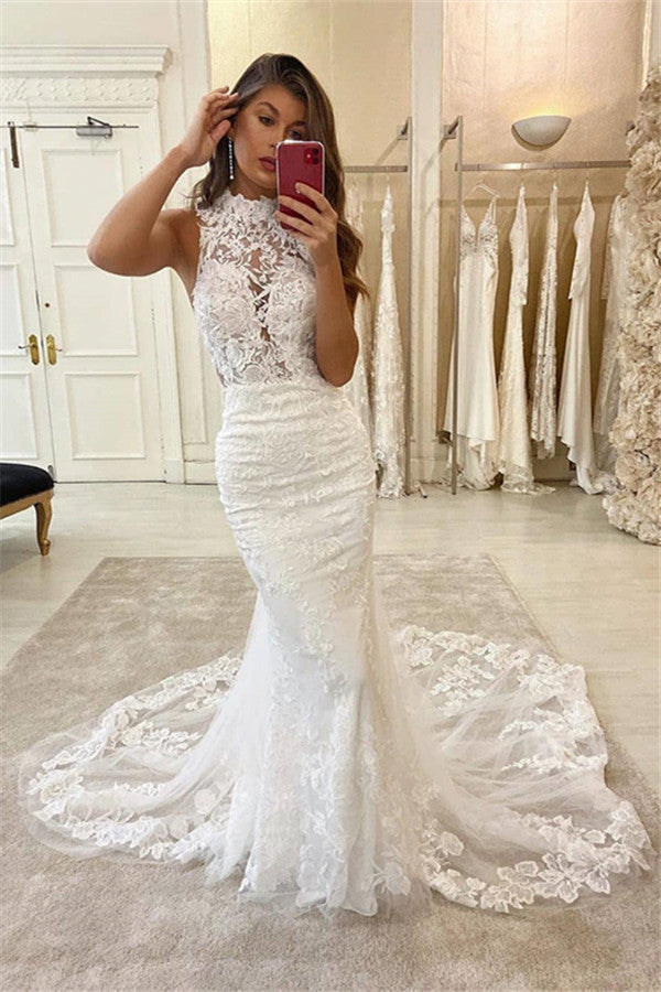 Halter Lace Appliques Mermaid Wedding Dresses | Glamorous Sleeveless Bridal Dresses Online