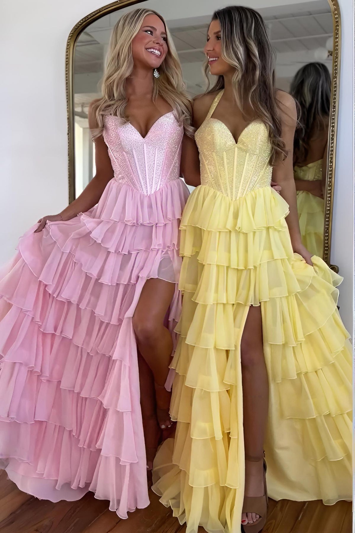 Suzhoufashion Halter Neck Beaded Top Corset Ruffle Prom Dress With Flowing Skirt And Slit Formal Evening Gown