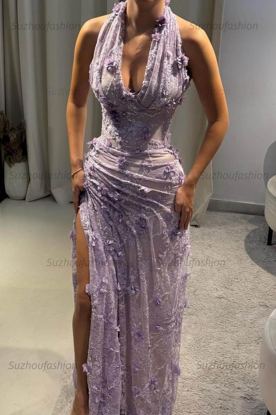 Halter Neck Grey Green Prom Dress Lace Appliqued Formal Dress with 3D Flowers