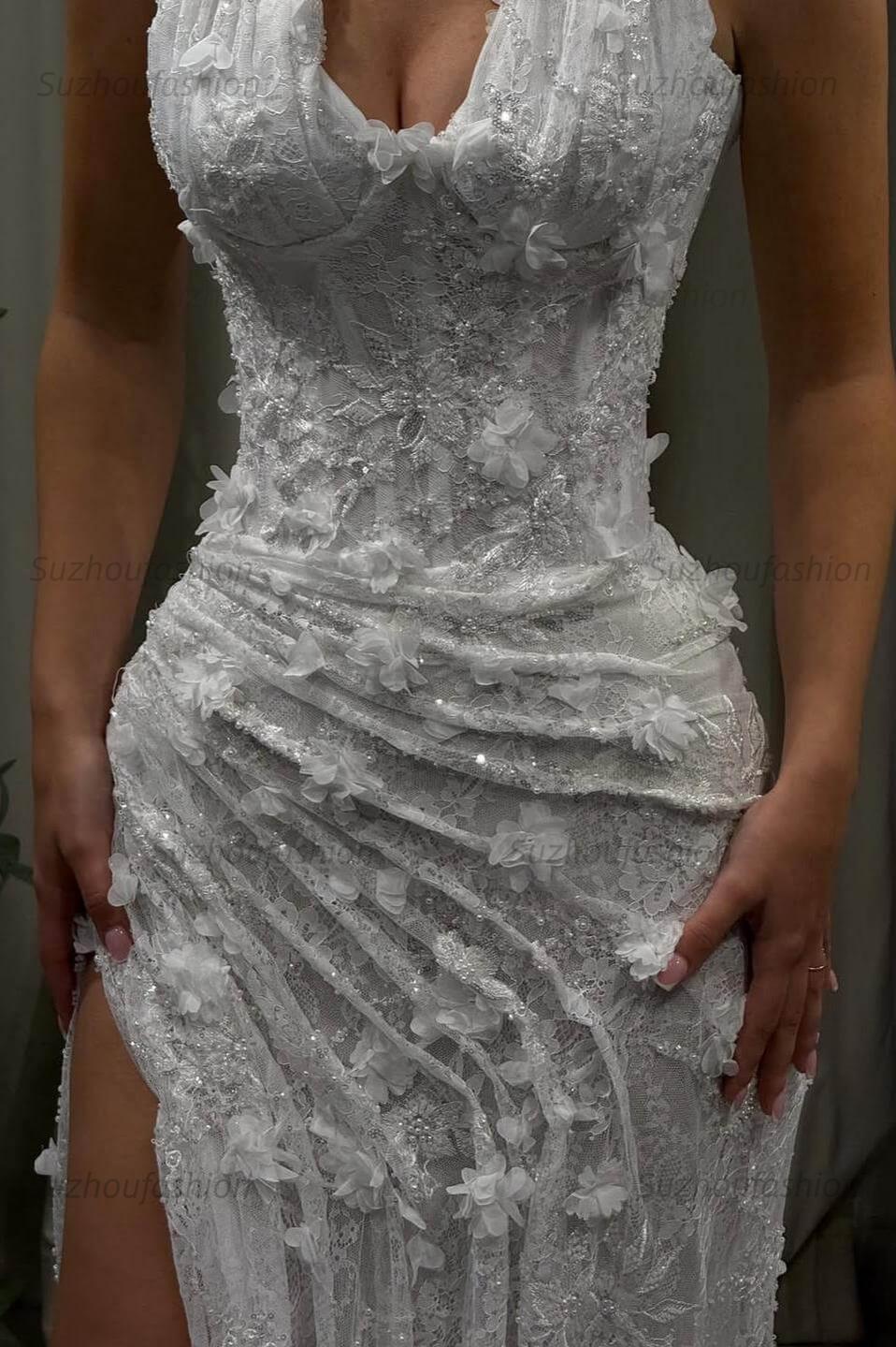 Halter Neck Grey Green Prom Dress Lace Appliqued Formal Dress with 3D Flowers