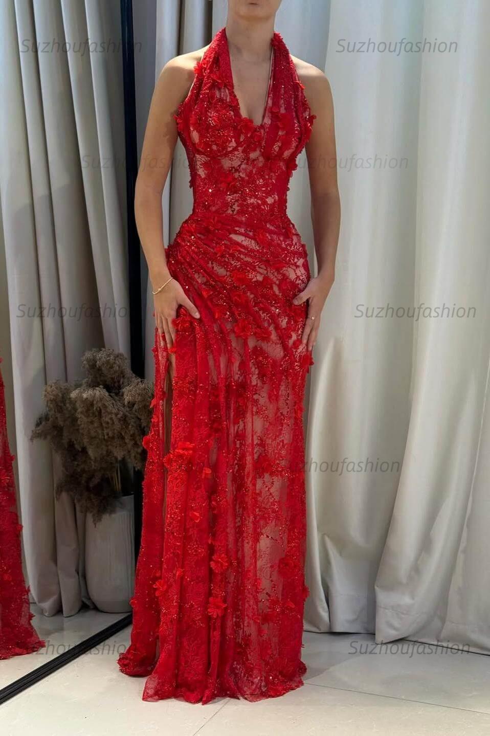 Halter Neck Grey Green Prom Dress Lace Appliqued Formal Dress with 3D Flowers