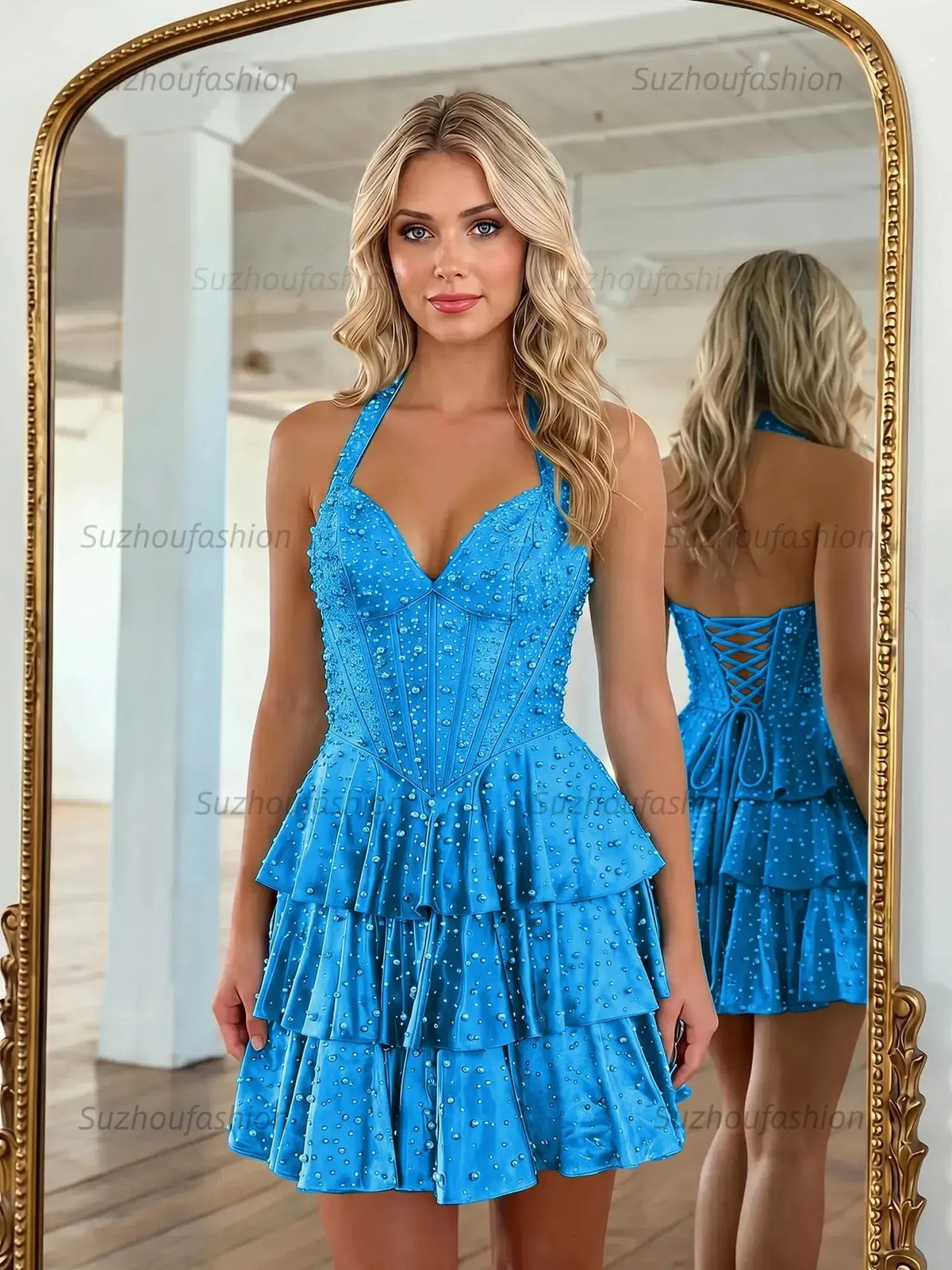 Suzhoufashion Halter Neck Pearl Beaded Tiered Short Homecoming Dresses