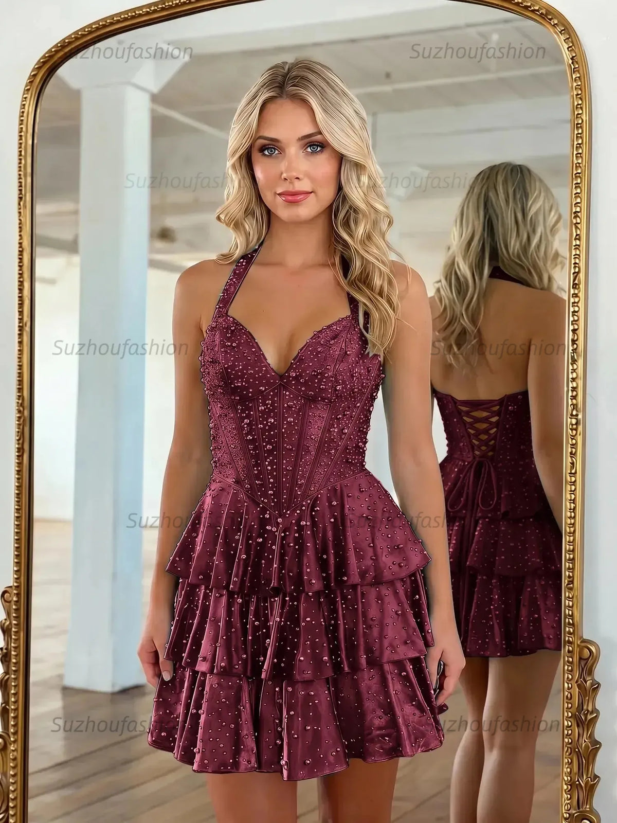 Suzhoufashion Halter Neck Pearl Beaded Tiered Short Homecoming Dresses