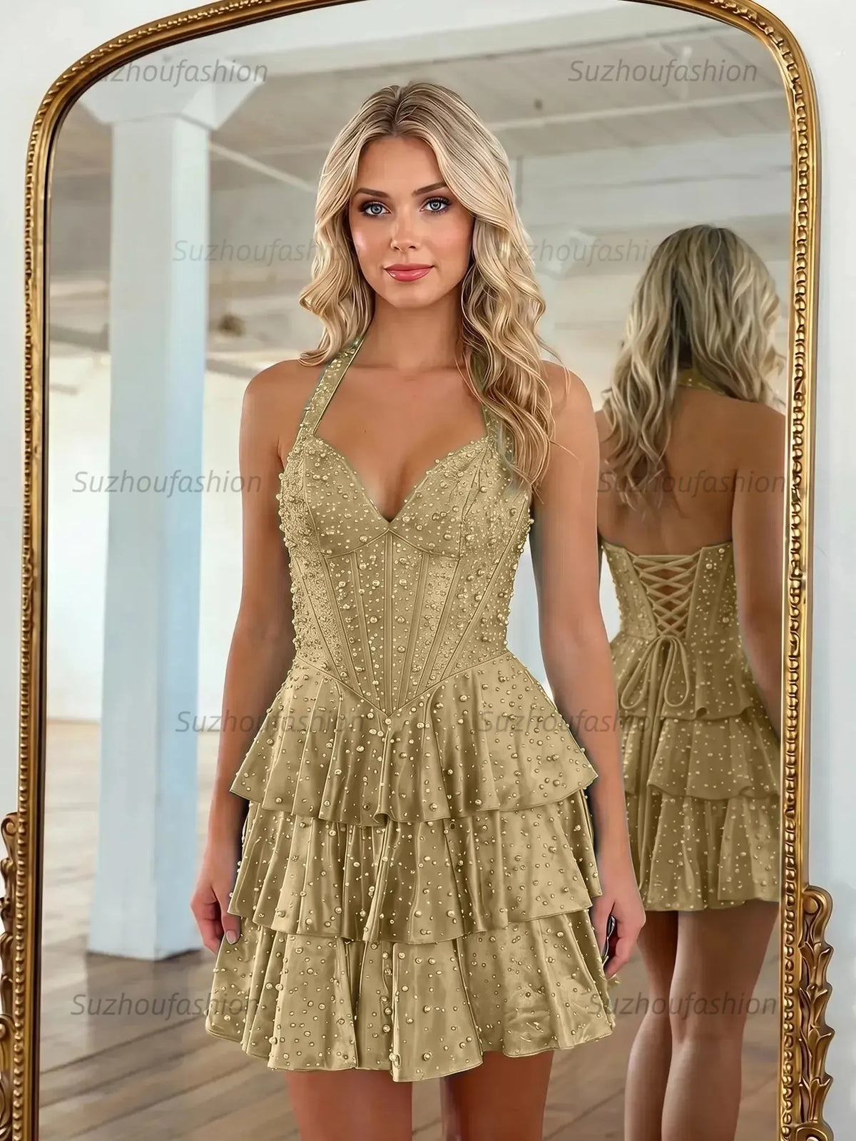 Suzhoufashion Halter Neck Pearl Beaded Tiered Short Homecoming Dresses