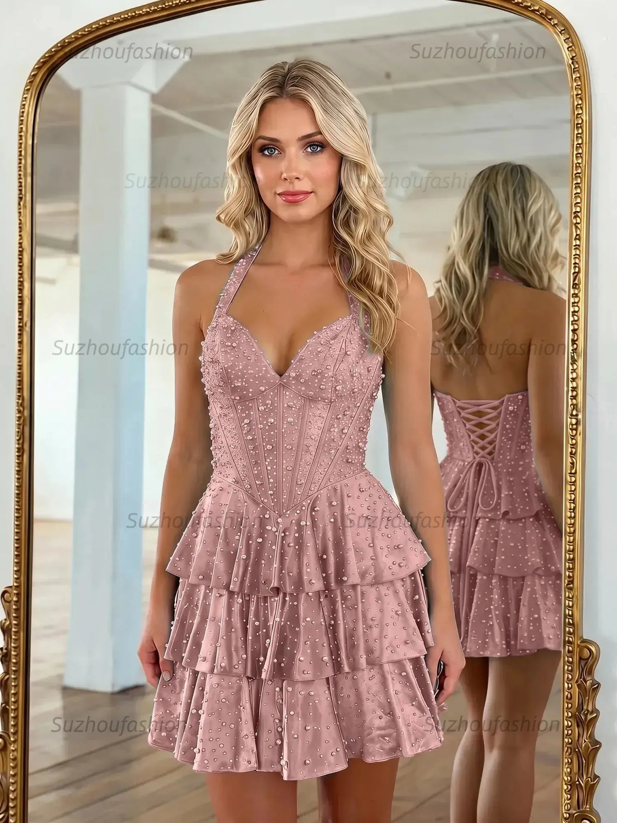 Suzhoufashion Halter Neck Pearl Beaded Tiered Short Homecoming Dresses
