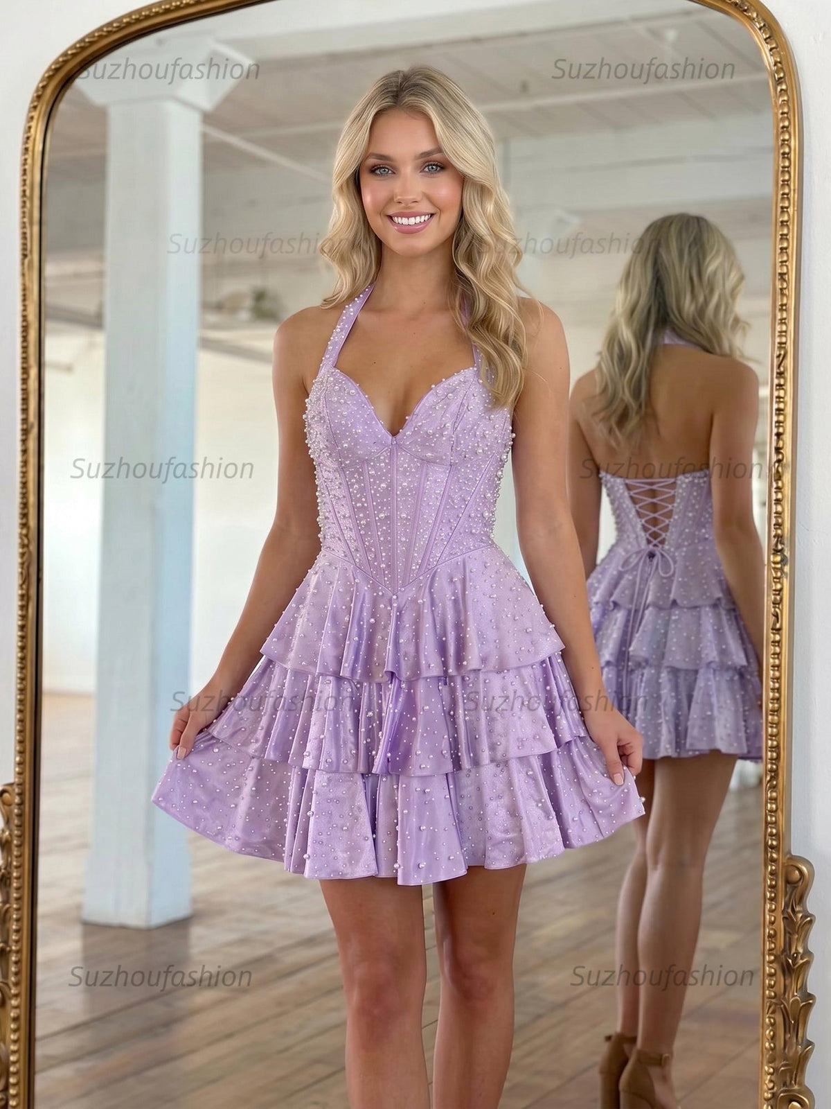 Suzhoufashion Halter Neck Pearl Beaded Tiered Short Homecoming Dresses