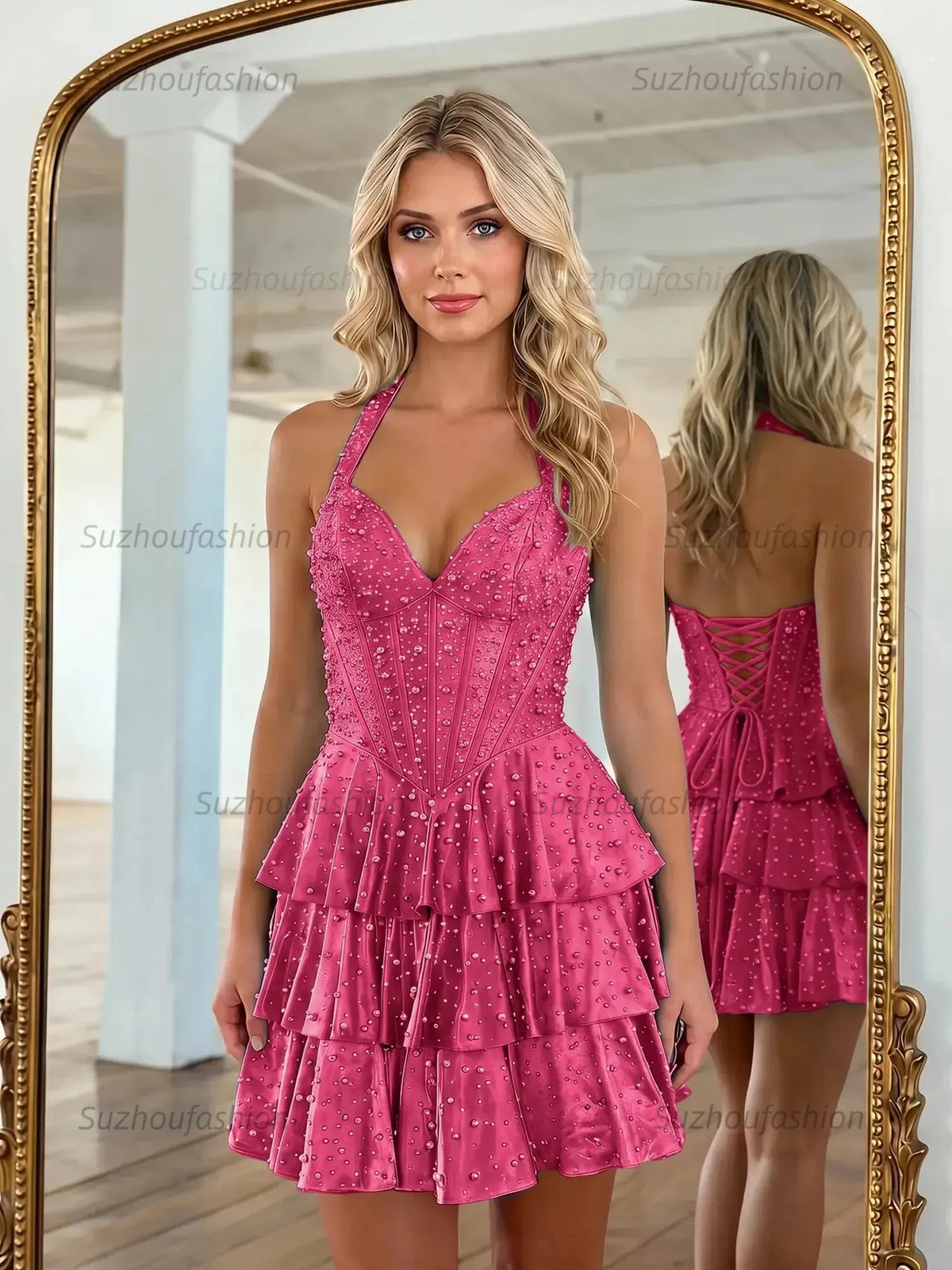Suzhoufashion Halter Neck Pearl Beaded Tiered Short Homecoming Dresses