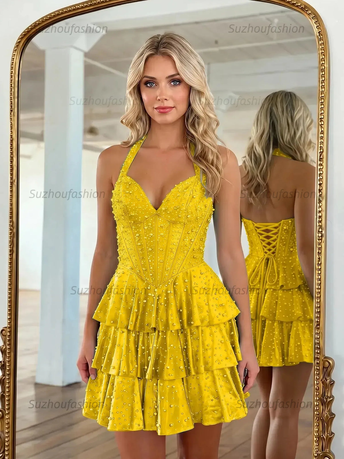 Suzhoufashion Halter Neck Pearl Beaded Tiered Short Homecoming Dresses