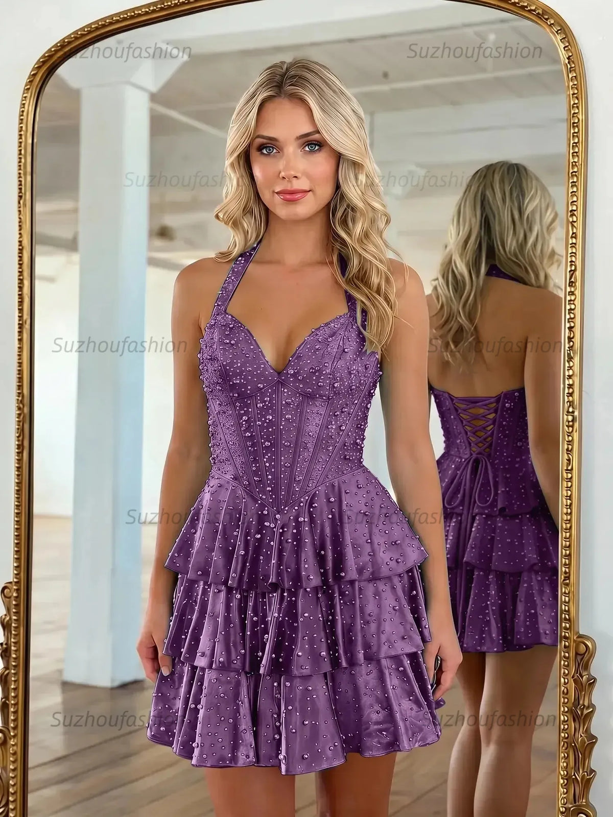 Suzhoufashion Halter Neck Pearl Beaded Tiered Short Homecoming Dresses