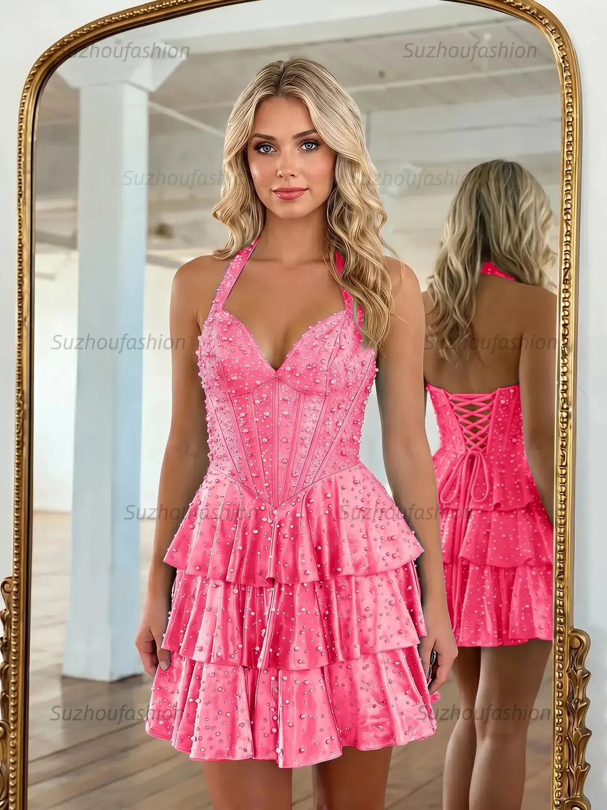 Suzhoufashion Halter Neck Pearl Beaded Tiered Short Homecoming Dresses
