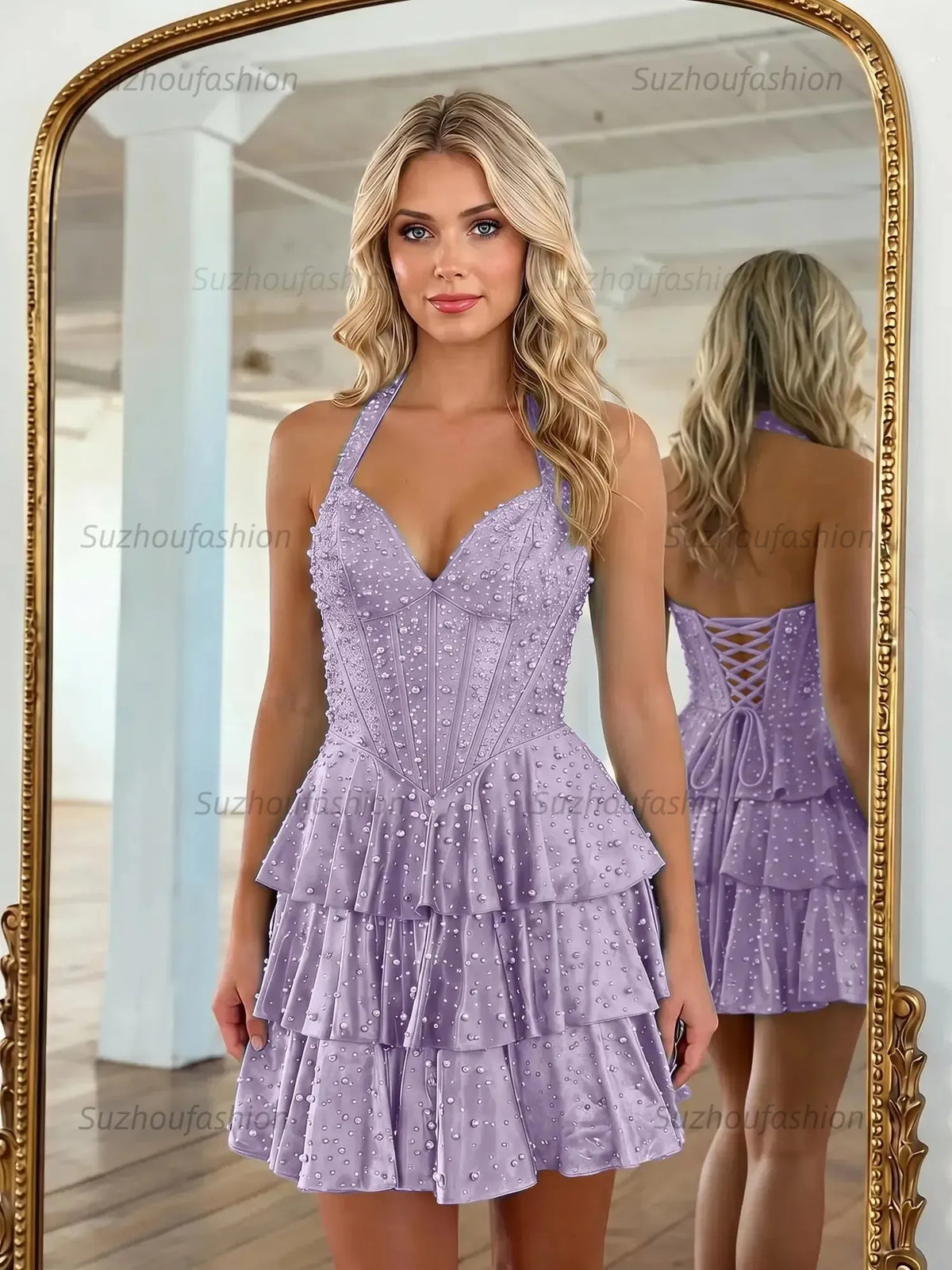 Suzhoufashion Halter Neck Pearl Beaded Tiered Short Homecoming Dresses