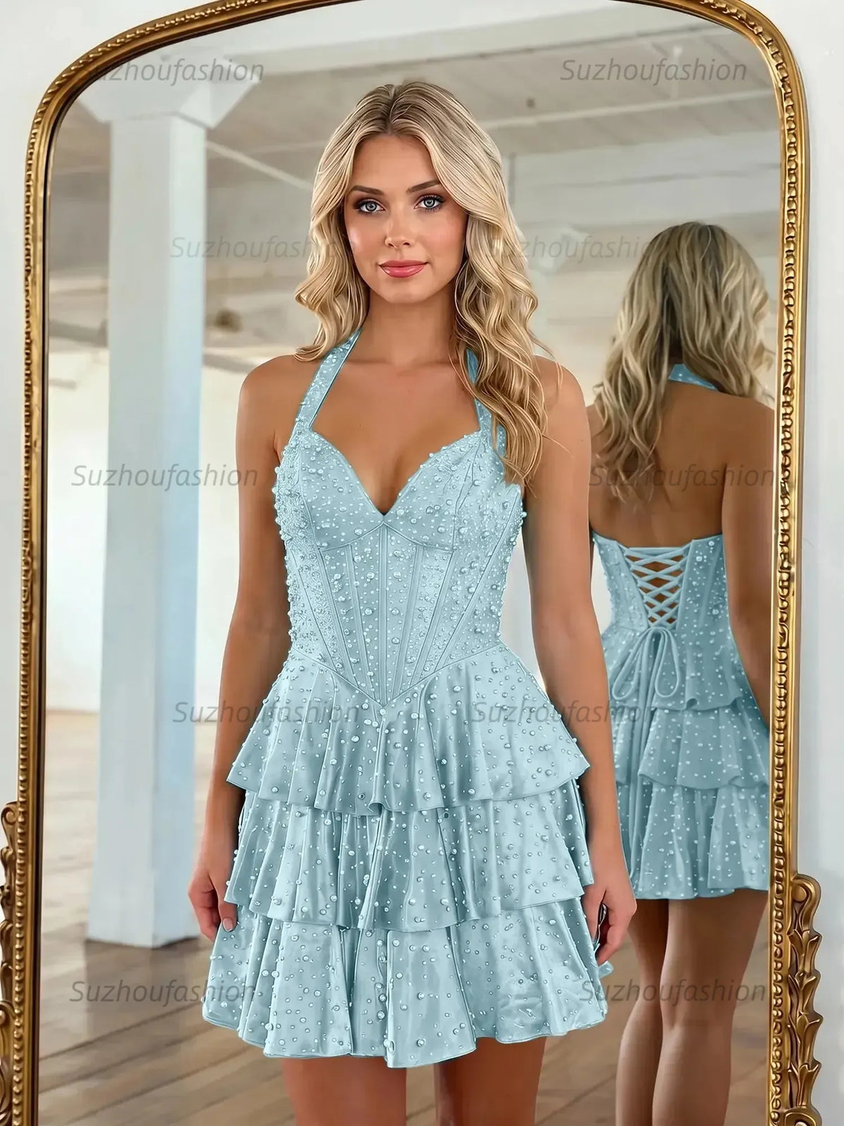 Suzhoufashion Halter Neck Pearl Beaded Tiered Short Homecoming Dresses