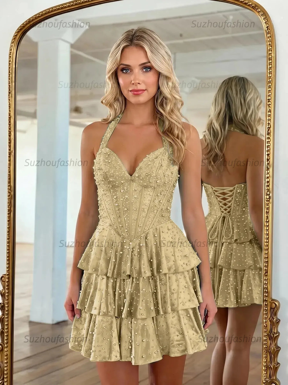 Suzhoufashion Halter Neck Pearl Beaded Tiered Short Homecoming Dresses