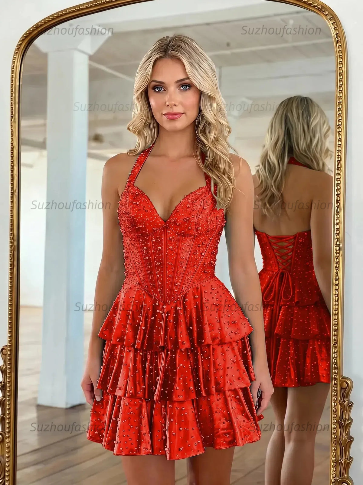 Suzhoufashion Halter Neck Pearl Beaded Tiered Short Homecoming Dresses