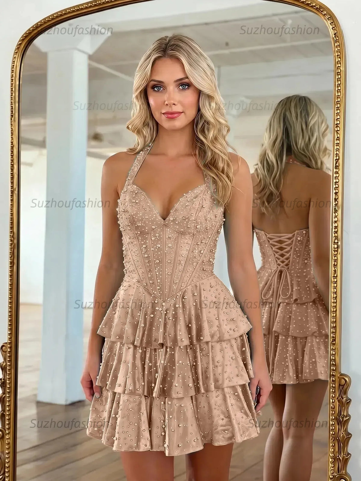 Suzhoufashion Halter Neck Pearl Beaded Tiered Short Homecoming Dresses