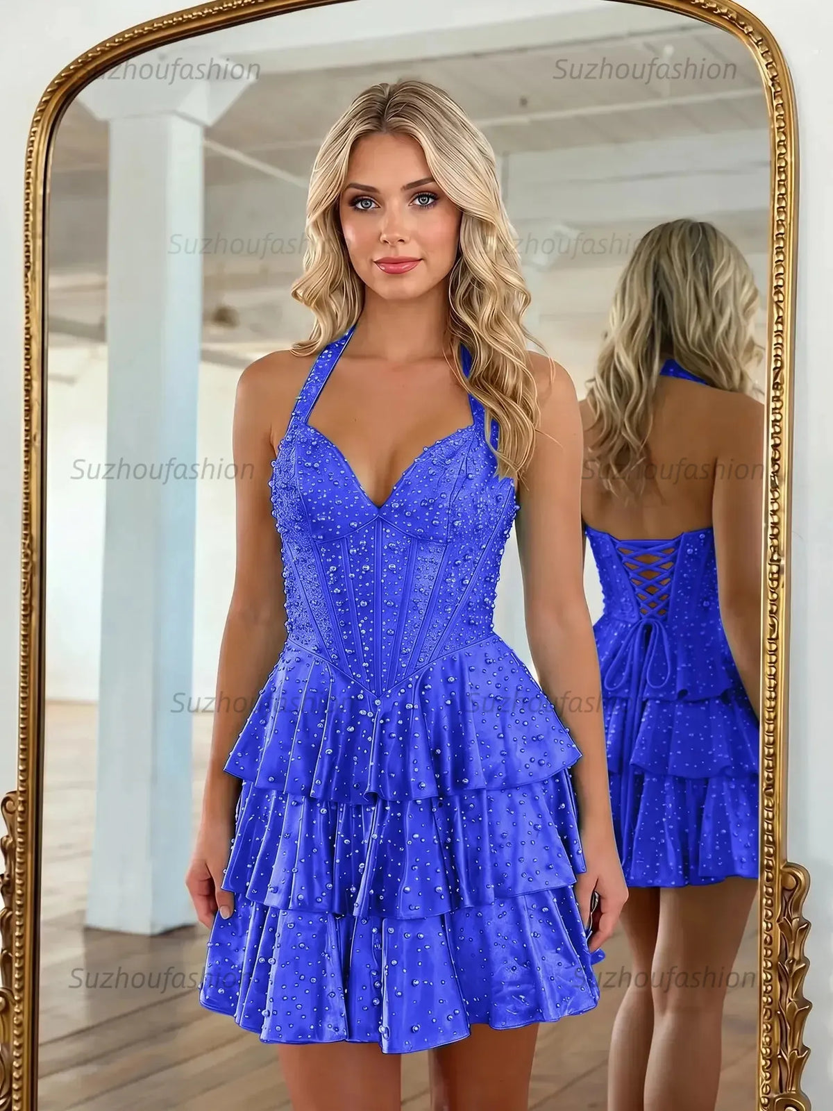 Suzhoufashion Halter Neck Pearl Beaded Tiered Short Homecoming Dresses