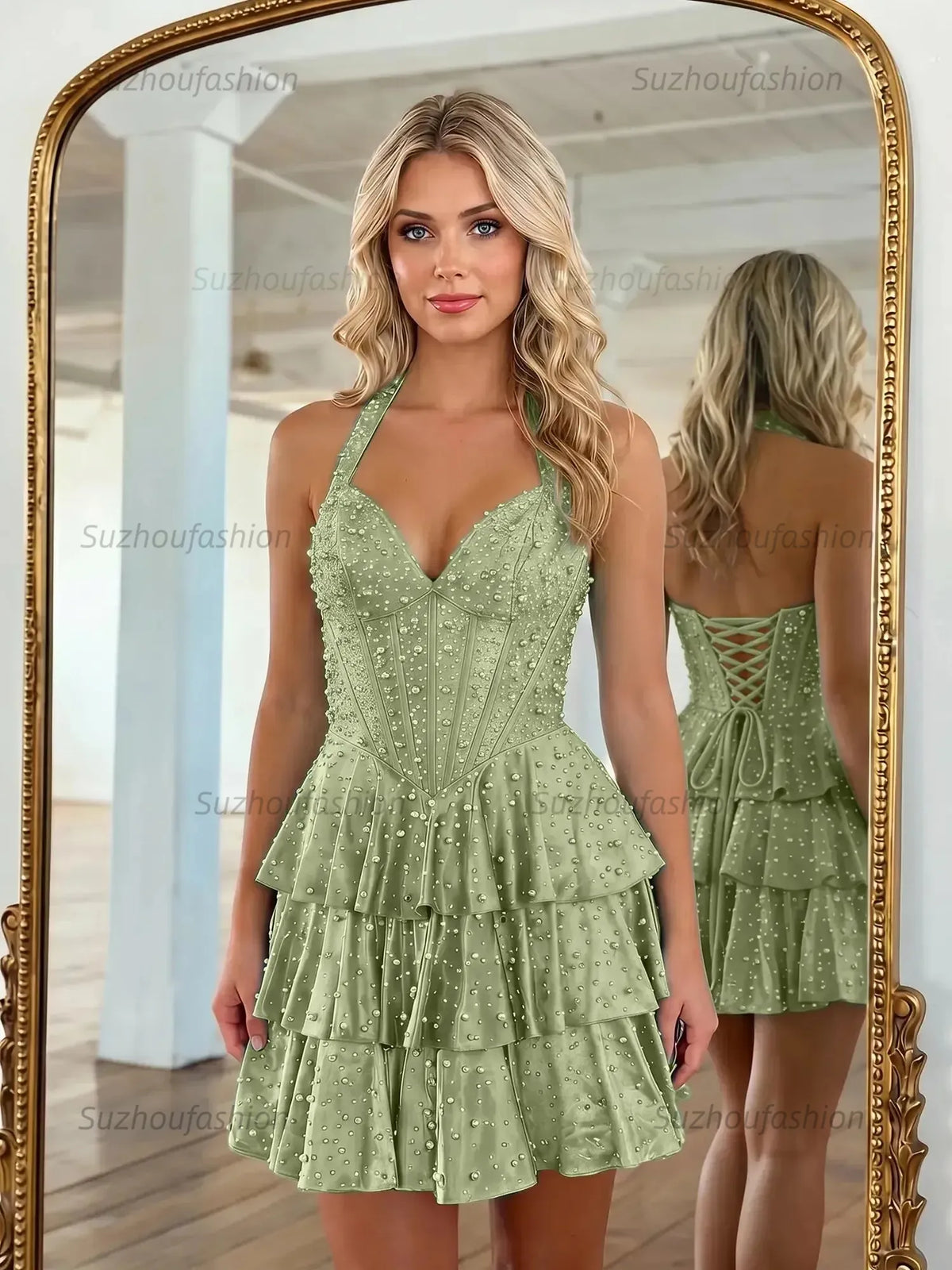 Suzhoufashion Halter Neck Pearl Beaded Tiered Short Homecoming Dresses