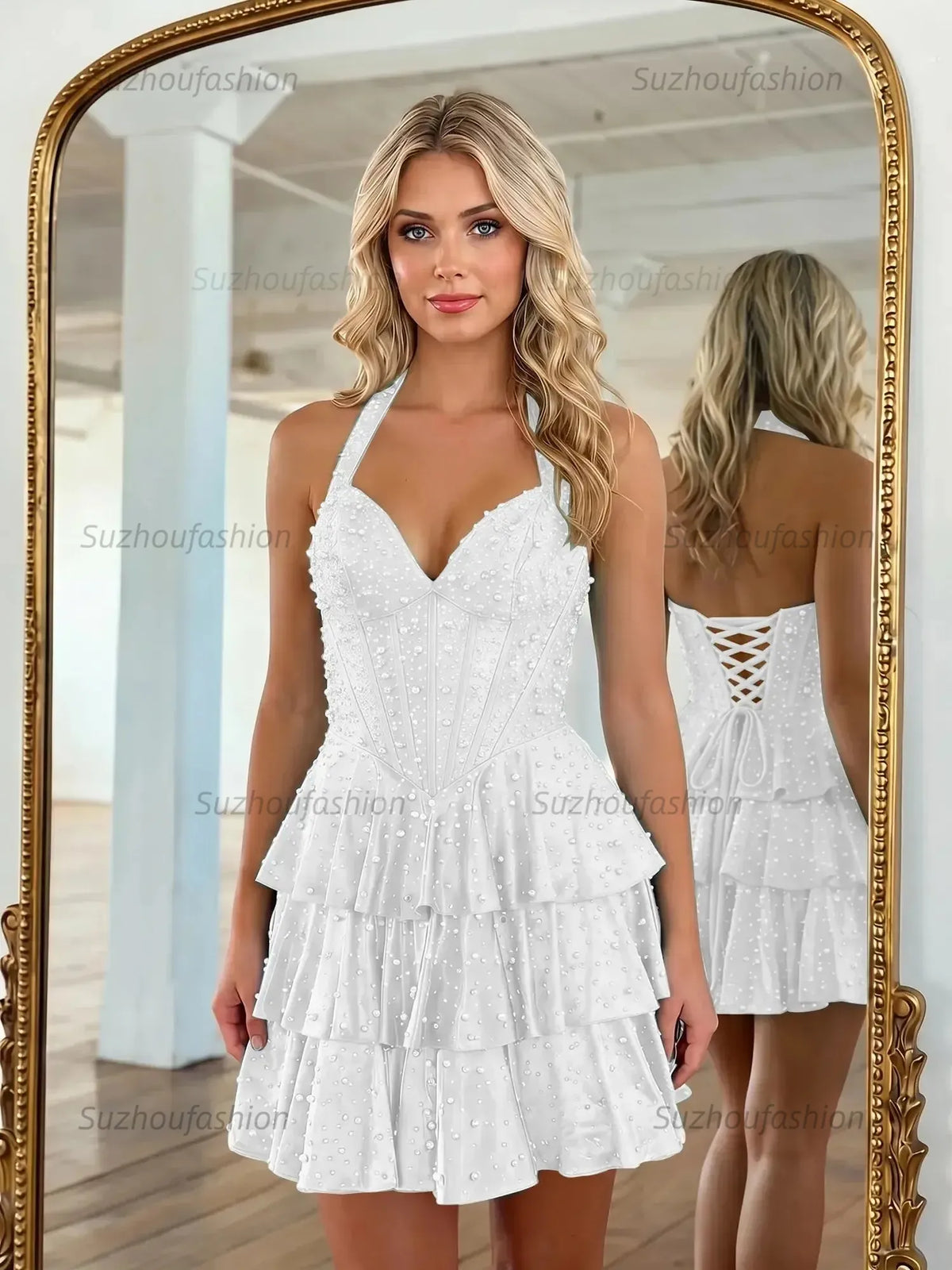 Suzhoufashion Halter Neck Pearl Beaded Tiered Short Homecoming Dresses