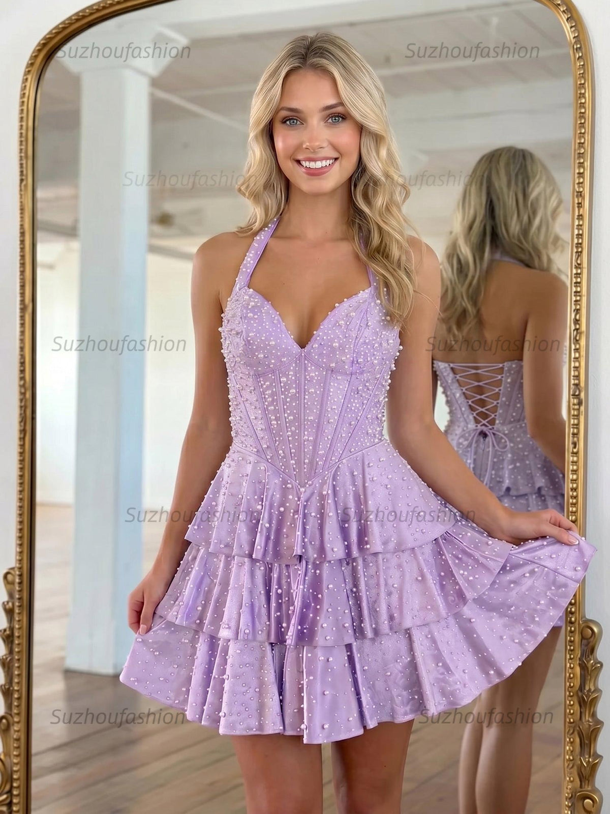 Suzhoufashion Halter Neck Pearl Beaded Tiered Short Homecoming Dresses