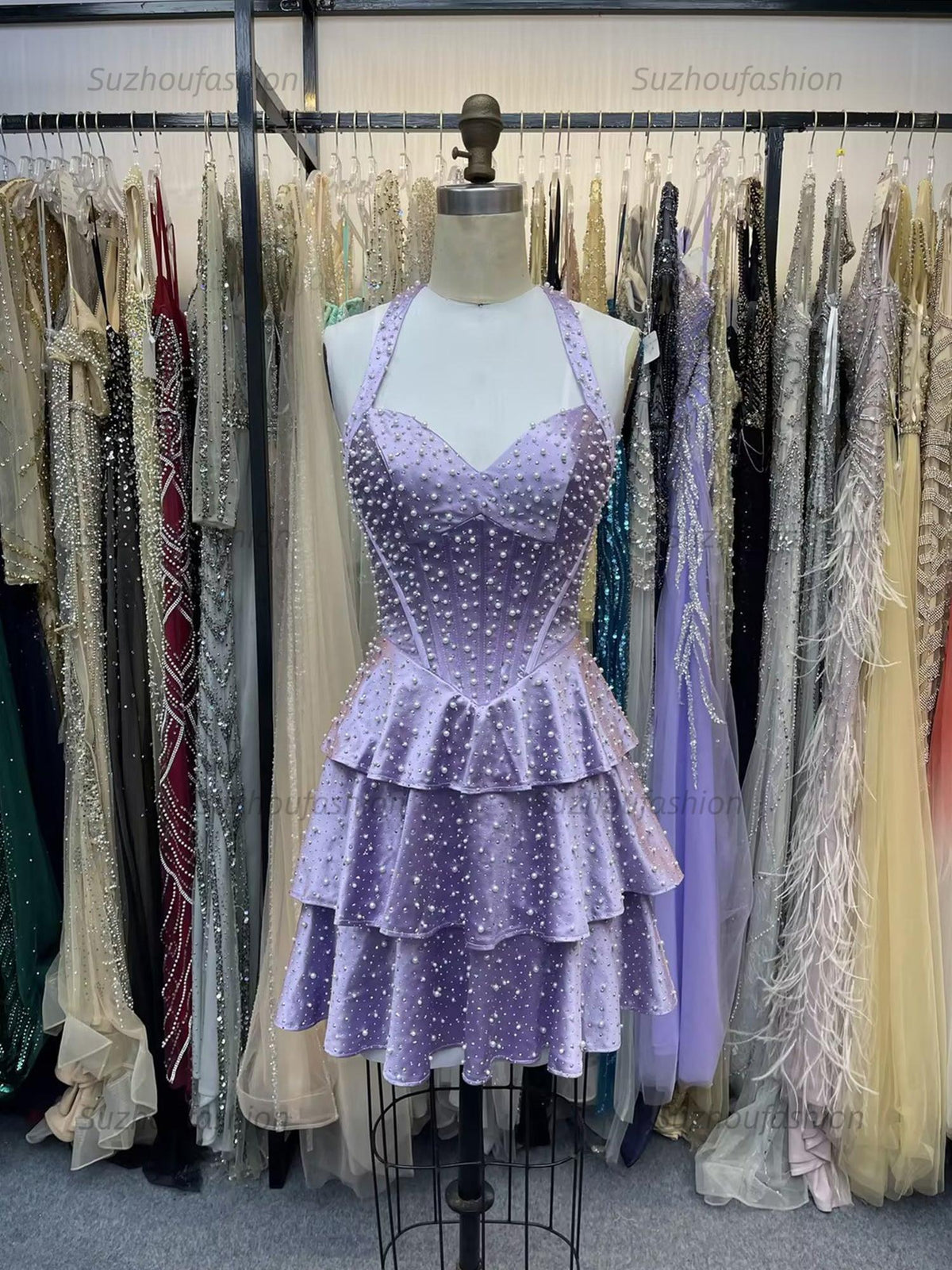 Suzhoufashion Halter Neck Pearl Beaded Tiered Short Homecoming Dresses