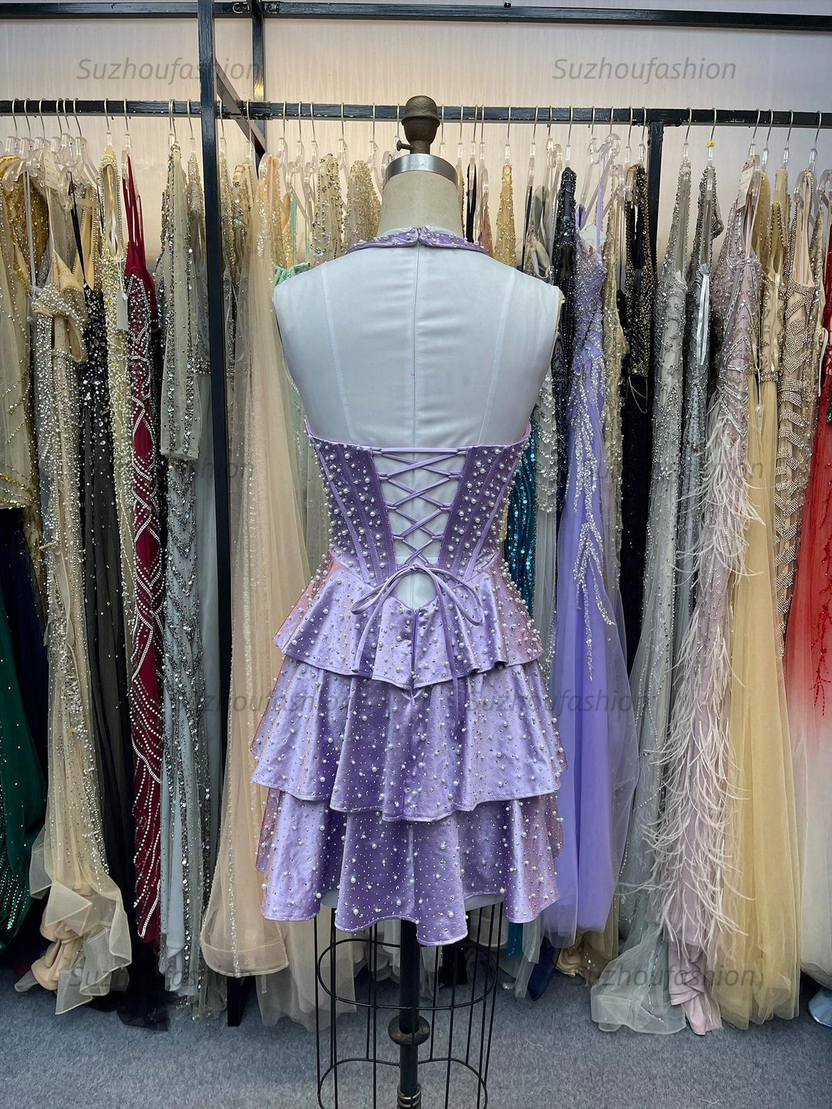 Suzhoufashion Halter Neck Pearl Beaded Tiered Short Homecoming Dresses