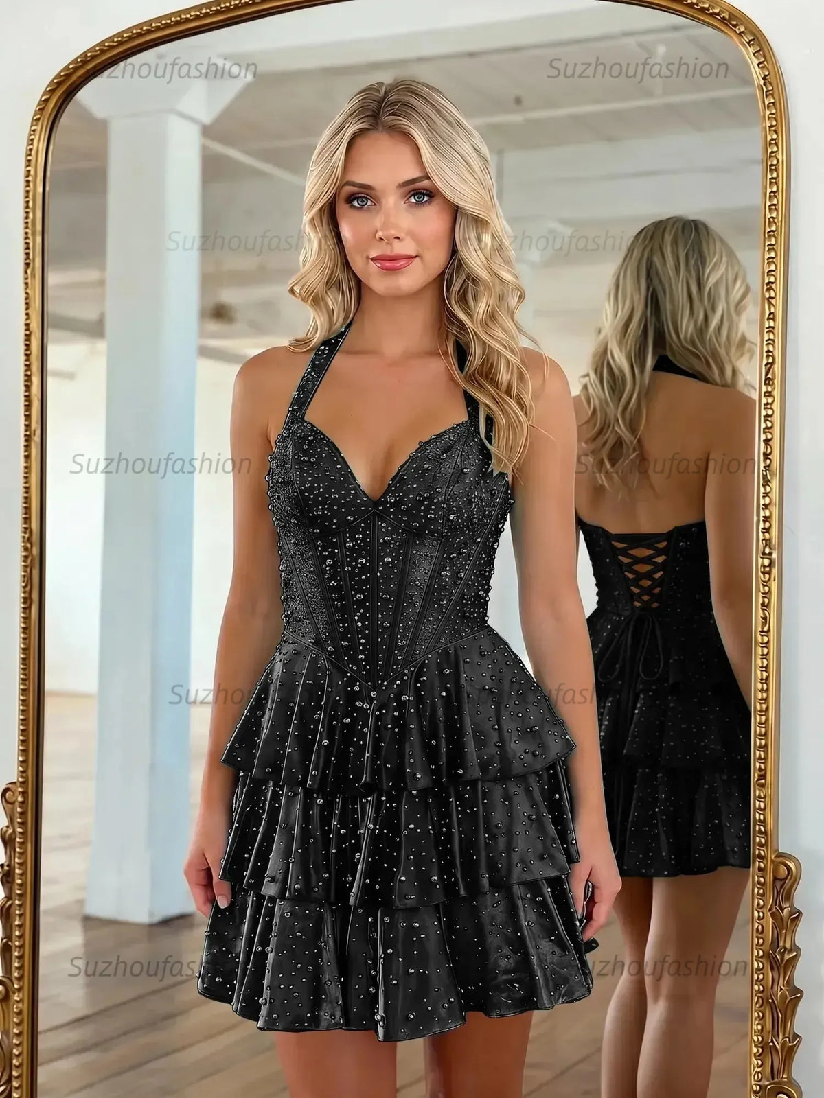 Suzhoufashion Halter Neck Pearl Beaded Tiered Short Homecoming Dresses