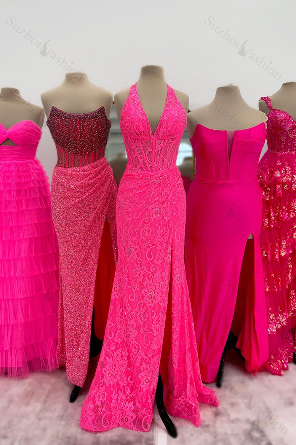 Halter Pink Prom Dress Long Lace Formal Dress With Slit