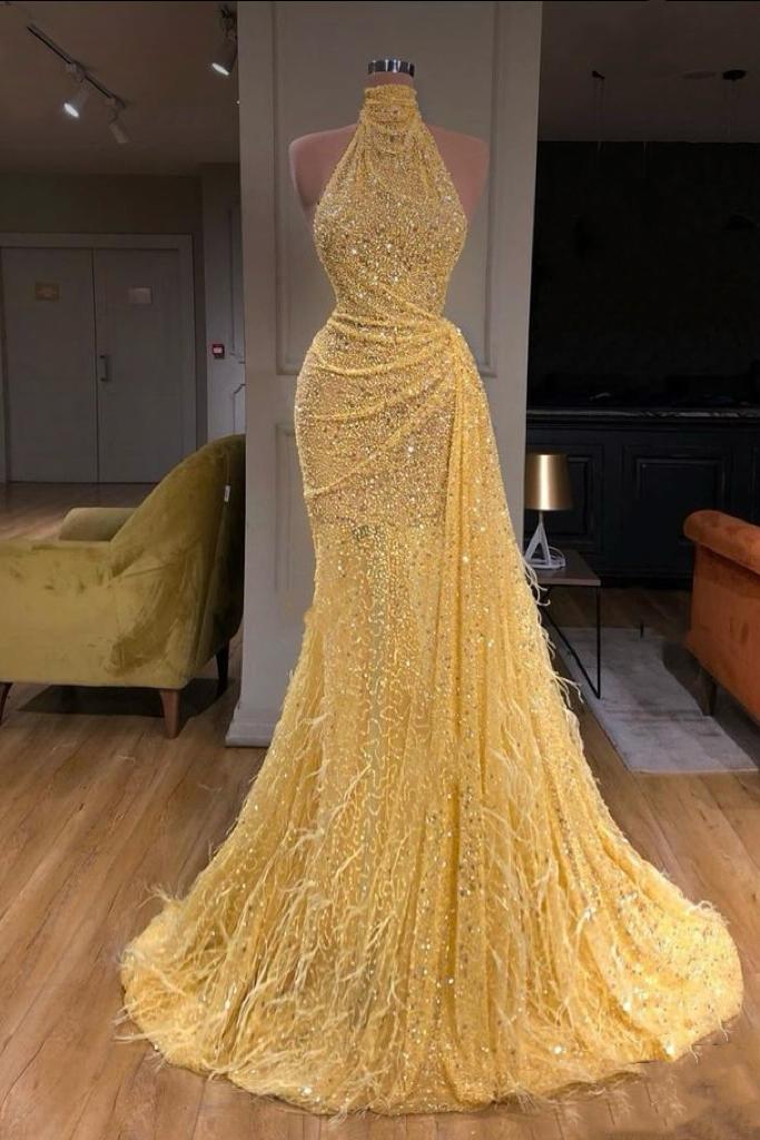 Halter Sequined Sleeveless Slim Pleated Long Evening Formal Dress With Feathers